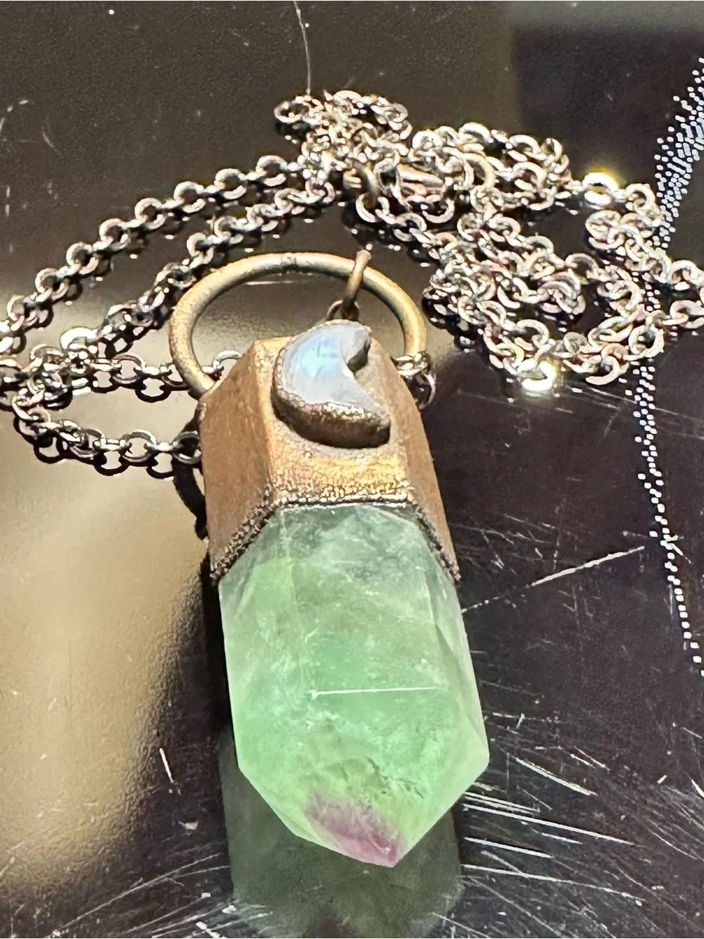 Enchanted by Cara Fluorite  Pendant with Crescent Moonstone Necklace 24” new